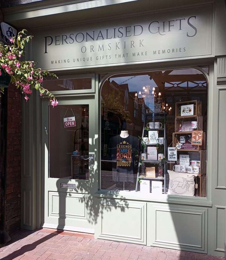 personalised gifts Ormskirk shop font