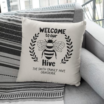 Personalised Bee Cushion Welcome to Our Hive