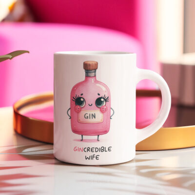 a picture of a white mug, printed with an image of an illustrated bottle of pink gin with eyes and stick arms and legs, it is cute. Words underneath the image read "gintastic Wife"