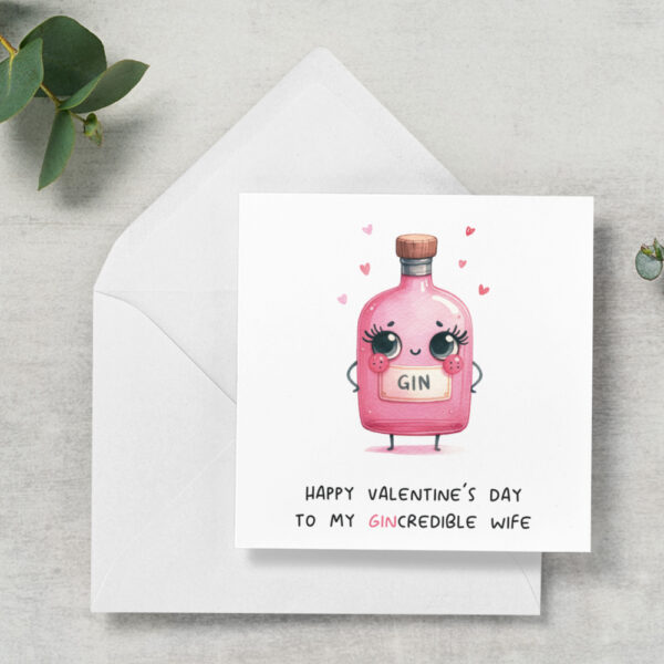 square white card with image of pink gin bottle and words happy valentine's day to my gincredible wife