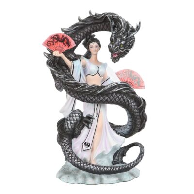 Elegant Black Dragon & Geisha Figurine - Fantasy Collectible by Anne Stokes