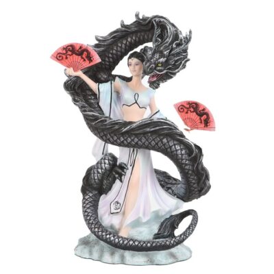 Elegant Black Dragon & Geisha Figurine - Fantasy Collectible by Anne Stokes